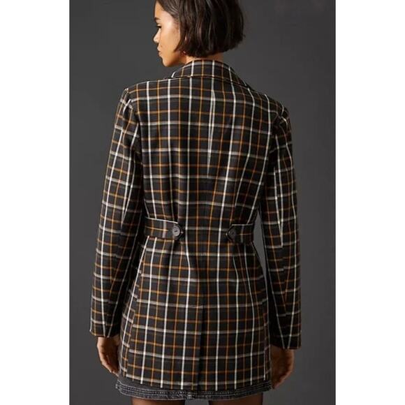 Anthropologie Maeve Oversized Plaid Equestrian Blazer Black Motif Size 10 - Picture 2 of 12